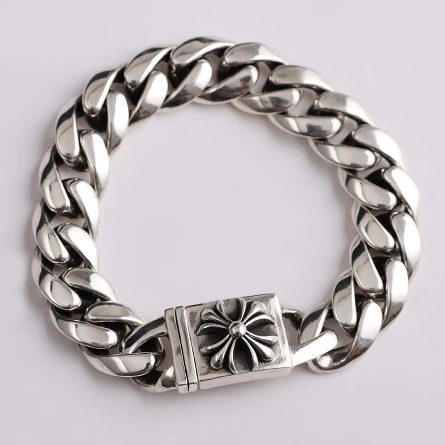 Sterling Silver Cuban Link Bracelet, Gothic Cross Flower Design Silver Bracelets, Punk Chunky Chain Bracelet