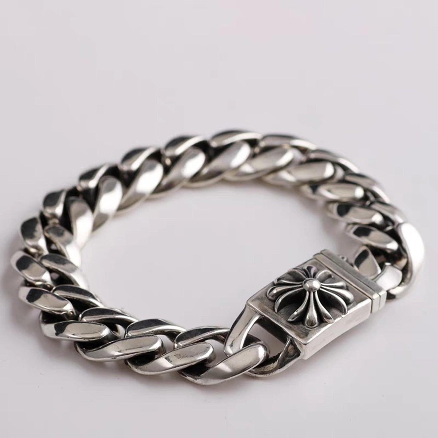 Sterling Silver Cuban Link Bracelet, Gothic Cross Flower Design Silver Bracelets, Punk Chunky Chain Bracelet