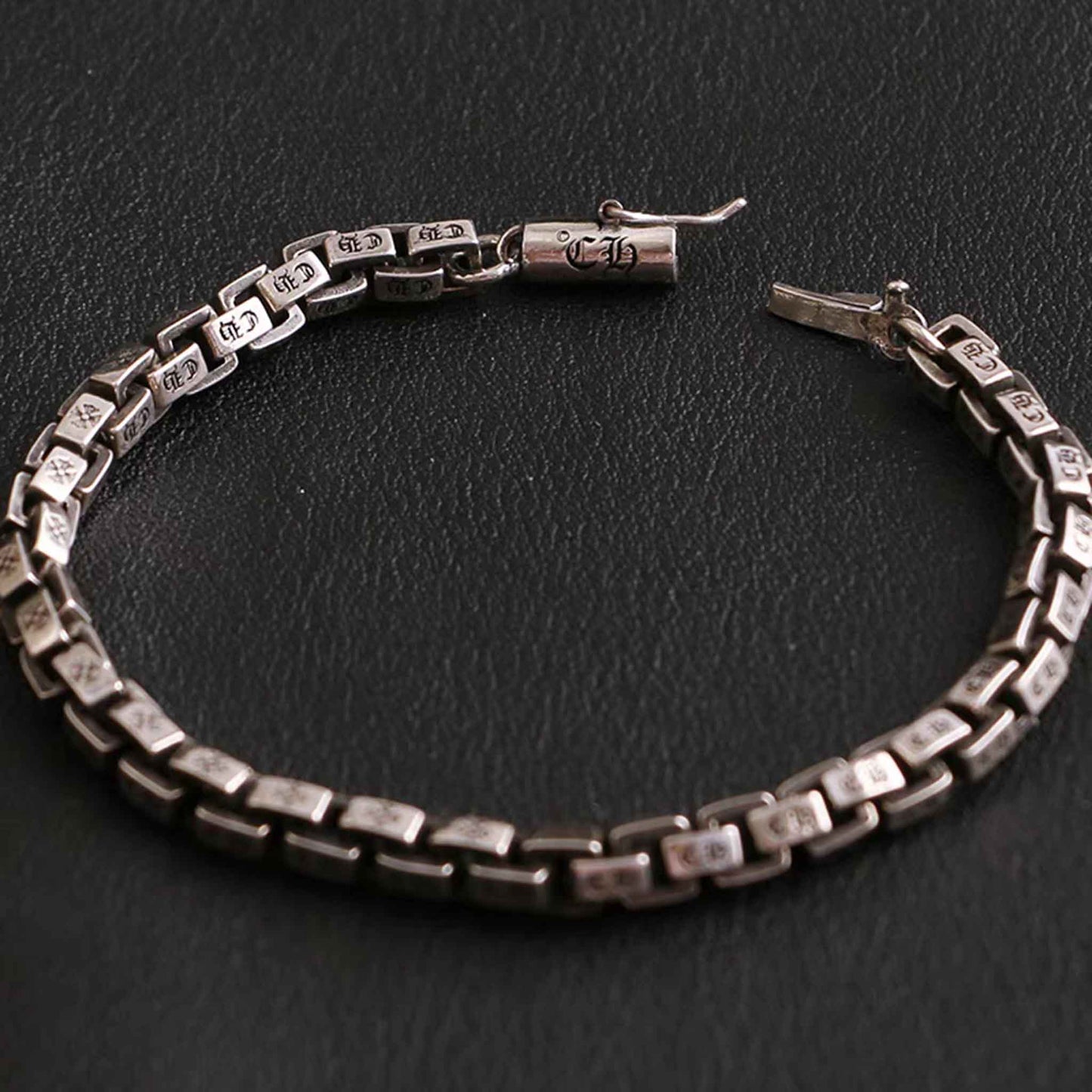 Sterling Silver Letters Engraved Bracelet, Silver Square Link Chain Bracelets, Punk Statement Bracelets