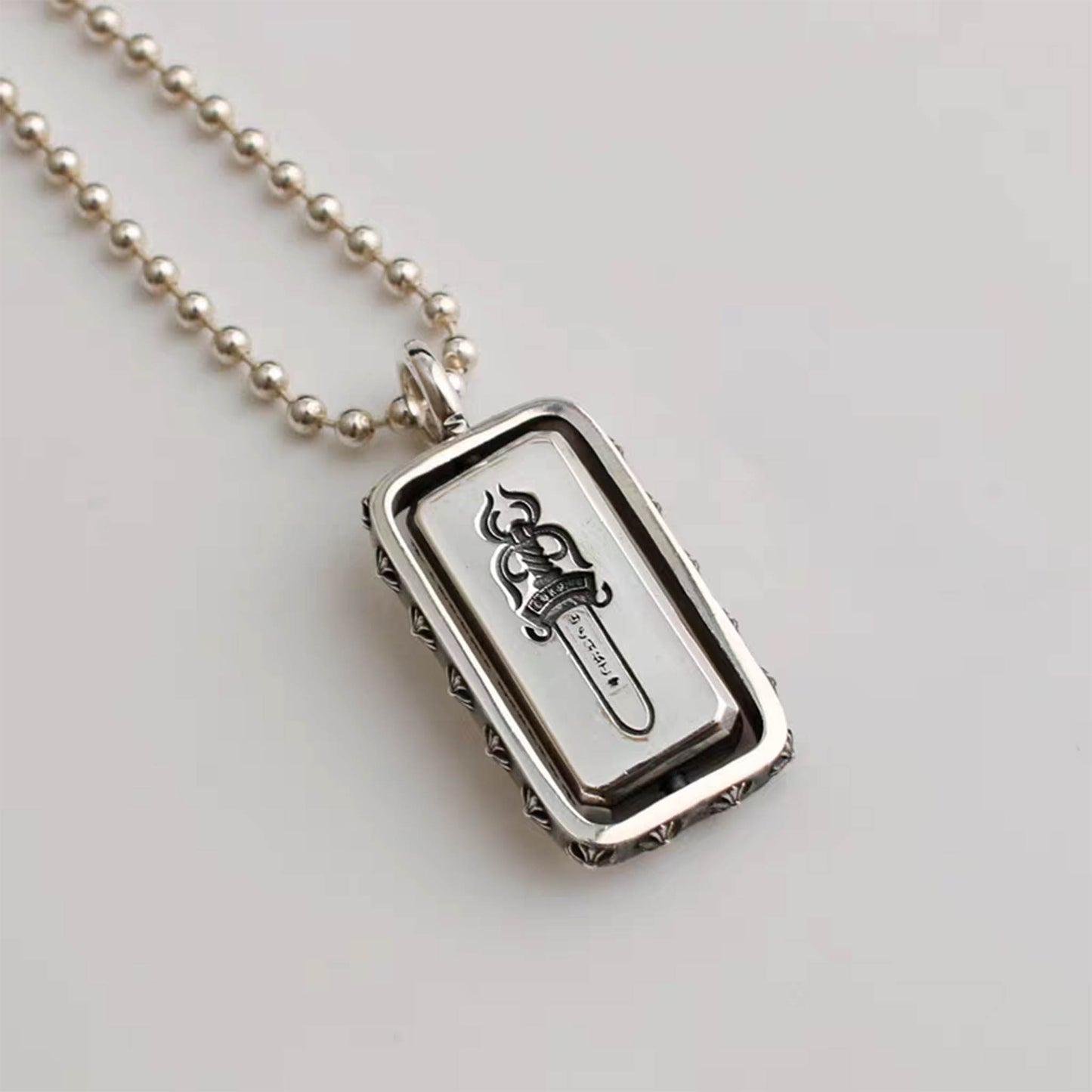 Sterling Silver Gothic Cross & Dagger Rotatable Dog Tag Necklace Pendant, Silver Charm Ball Chain Necklace