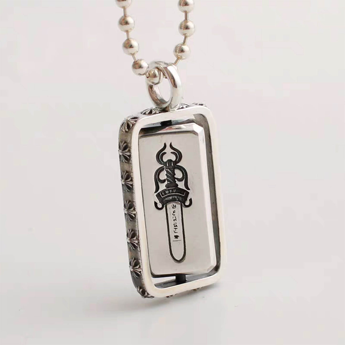 Sterling Silver Gothic Cross & Dagger Rotatable Dog Tag Necklace Pendant, Silver Charm Ball Chain Necklace