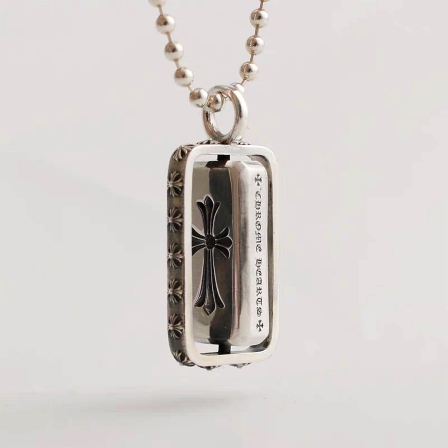 Sterling Silver Gothic Cross & Dagger Rotatable Dog Tag Necklace Pendant, Silver Charm Ball Chain Necklace