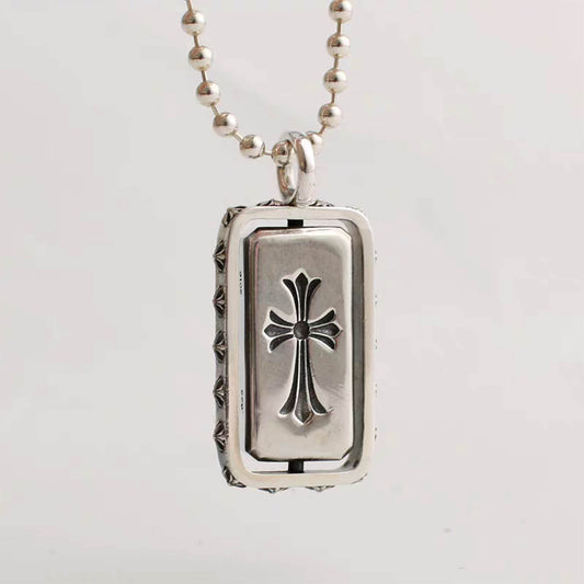 Sterling Silver Gothic Cross & Dagger Rotatable Dog Tag Necklace Pendant, Silver Charm Ball Chain Necklace
