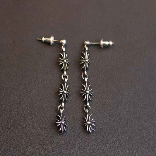 Sterling Silver Dangle Earrings, Gothic Cross Flower Earring, Silver Punk Statement Earring