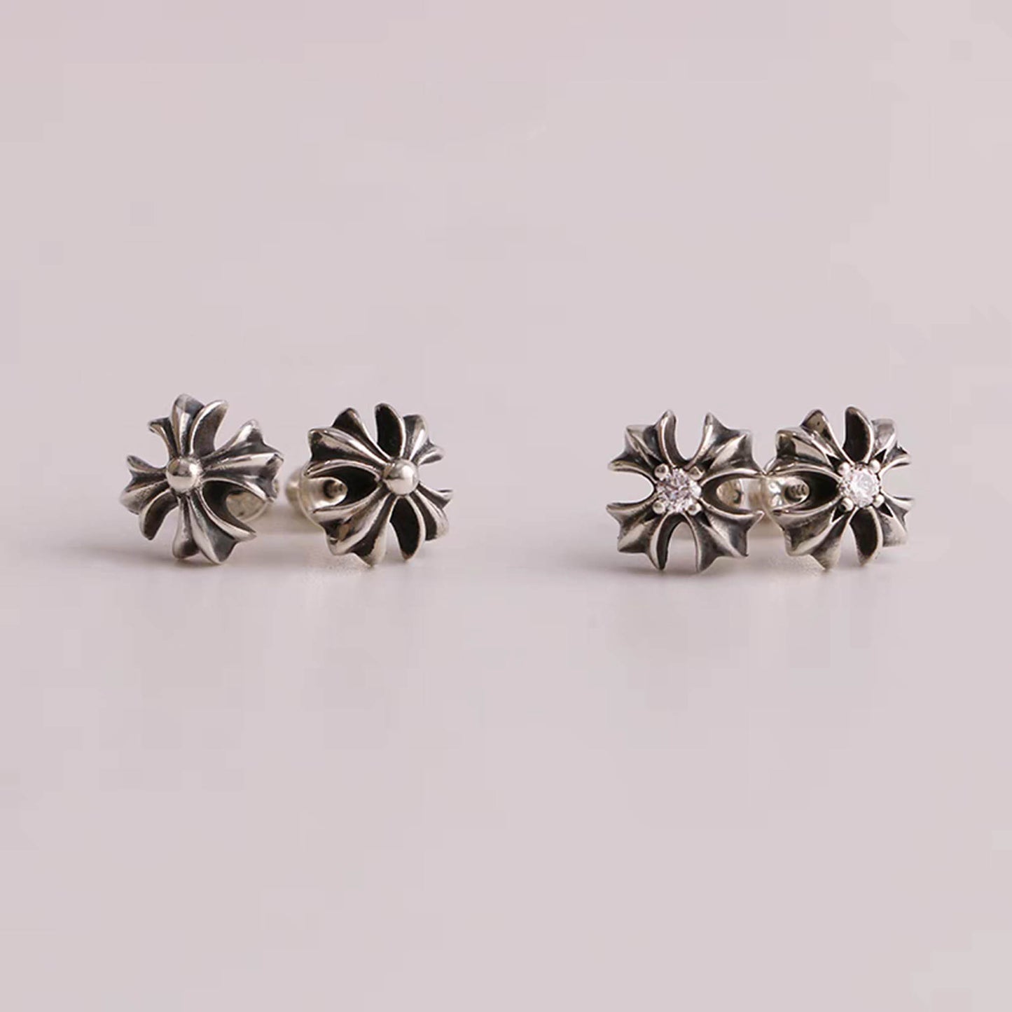 Sterling Silver Earrings, Gothic Cross Flower Earring, Silver Punk Statement Stud Earring