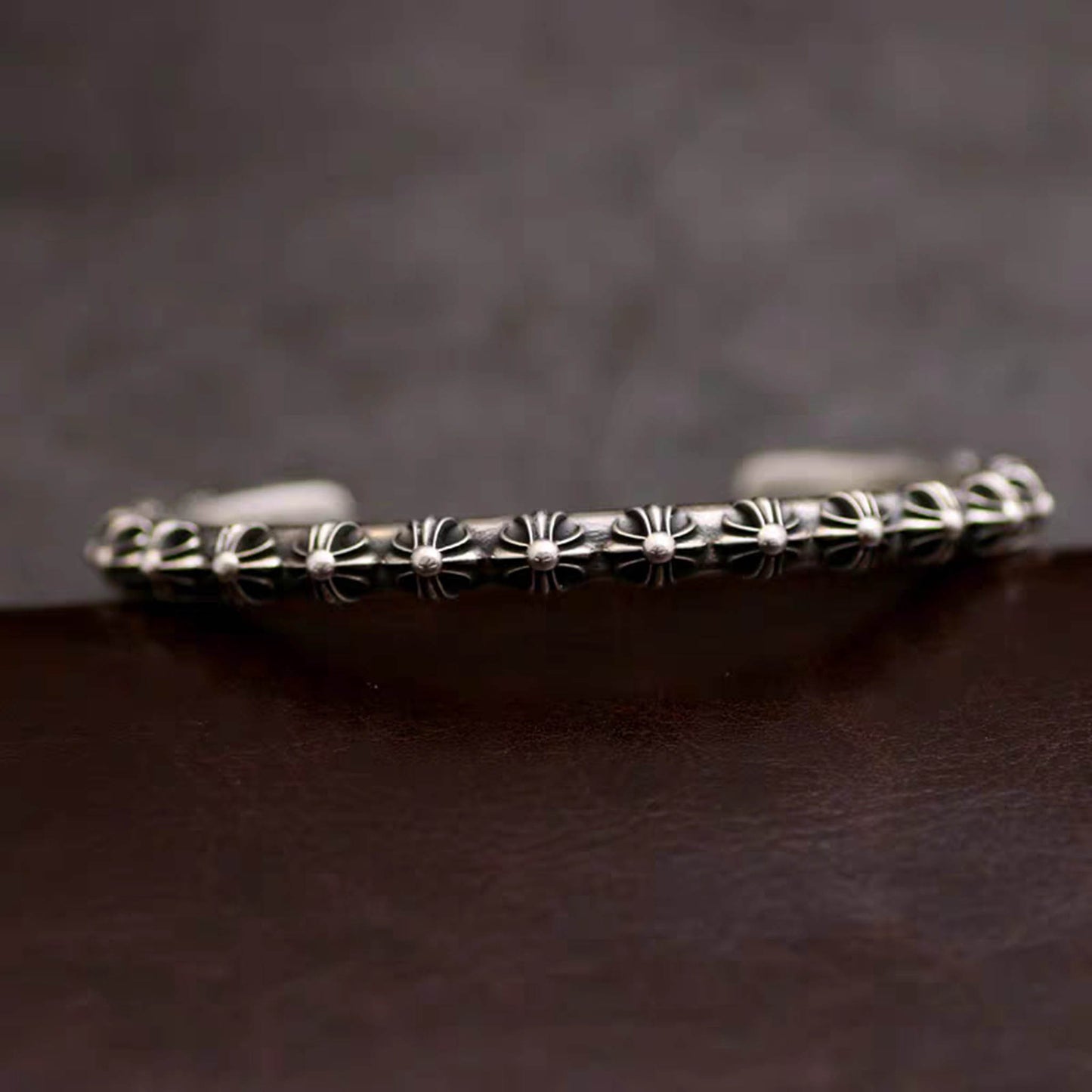 Sterling Silver Open Bracelets, Gothic Cross Flower Bangle, Silver Punk Statement Bracelets