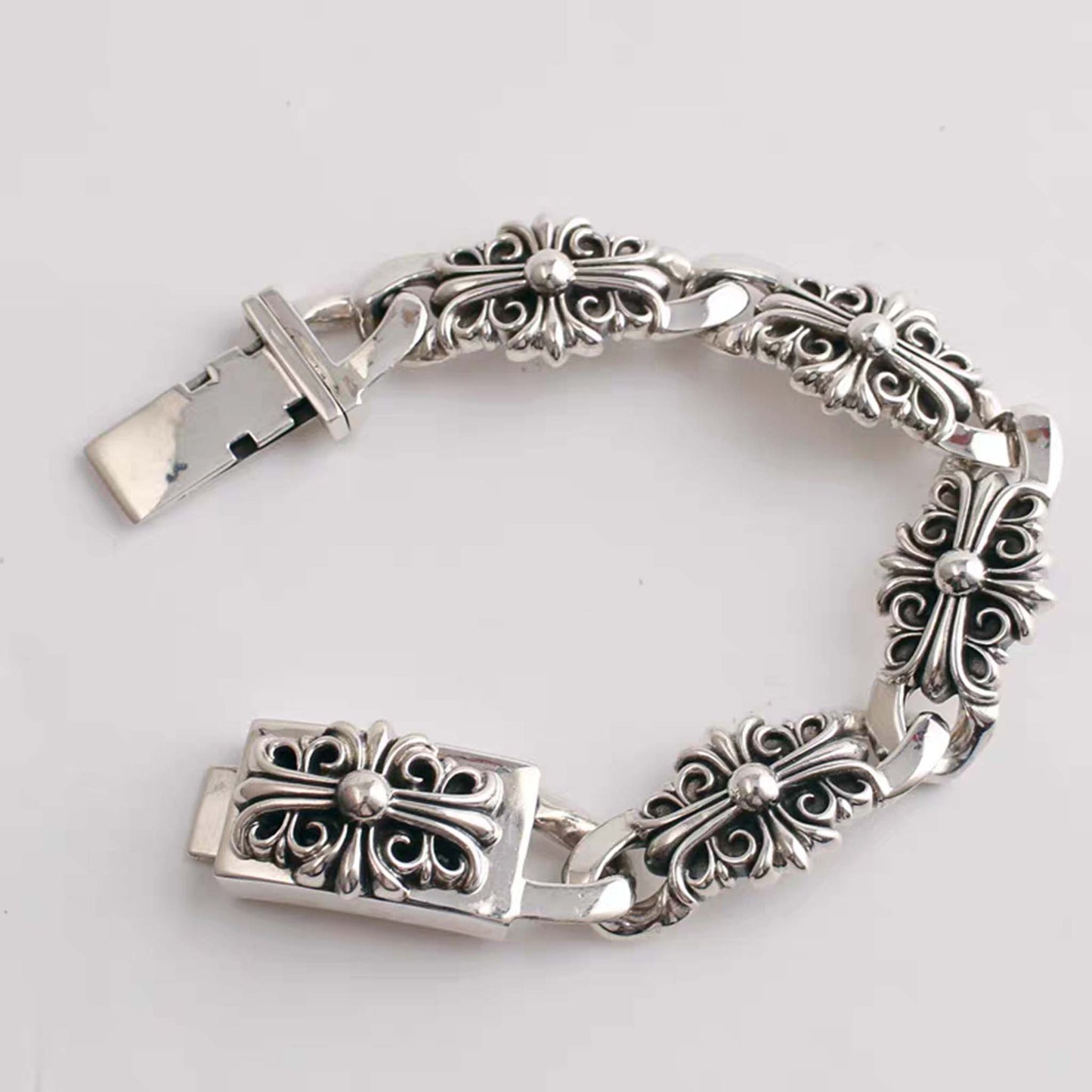 Sterling Silver Gothic Cross Flower Design Bracelet, Silver Punk Statement Bracelets with Big Links