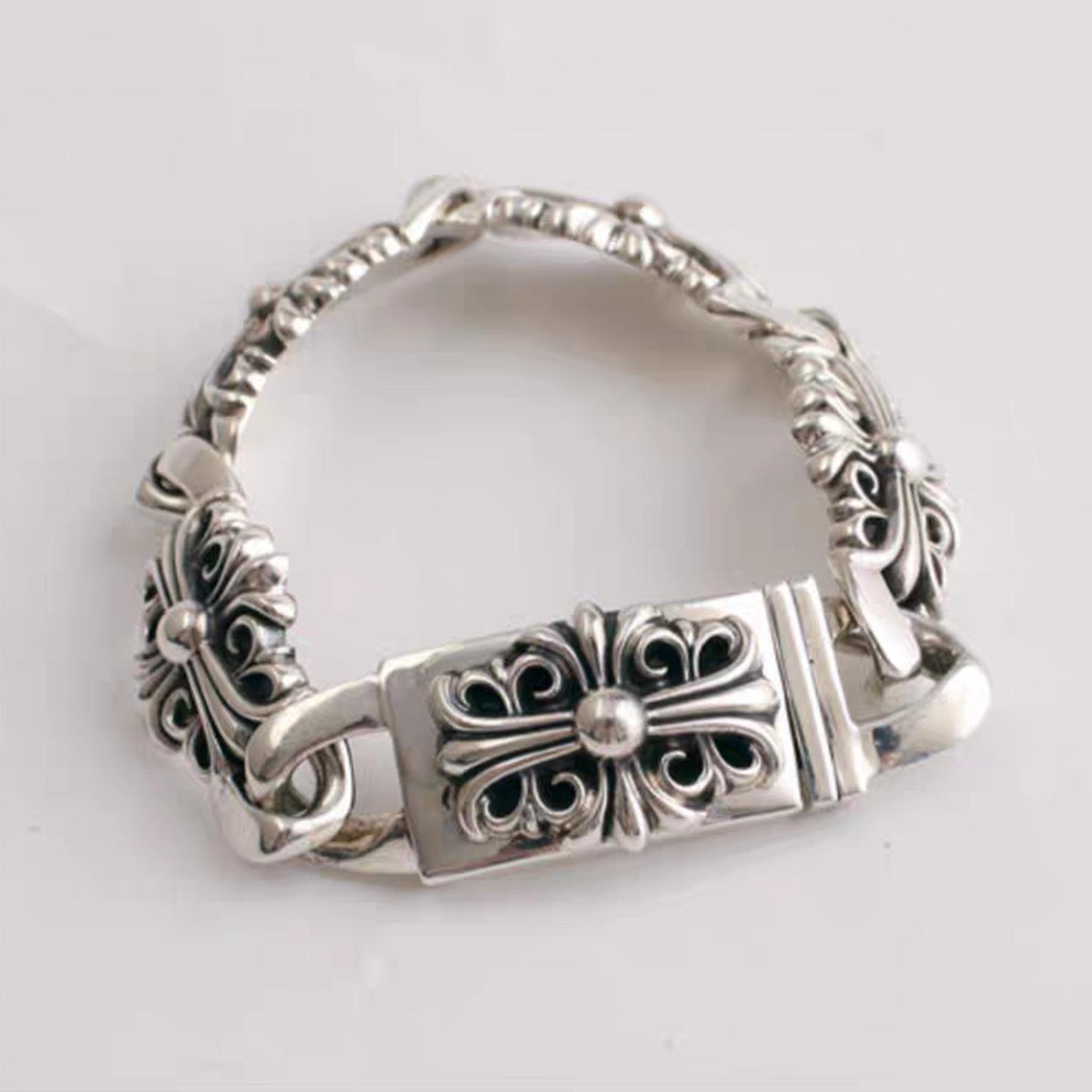 Sterling Silver Gothic Cross Flower Design Bracelet, Silver Punk Statement Bracelets with Big Links