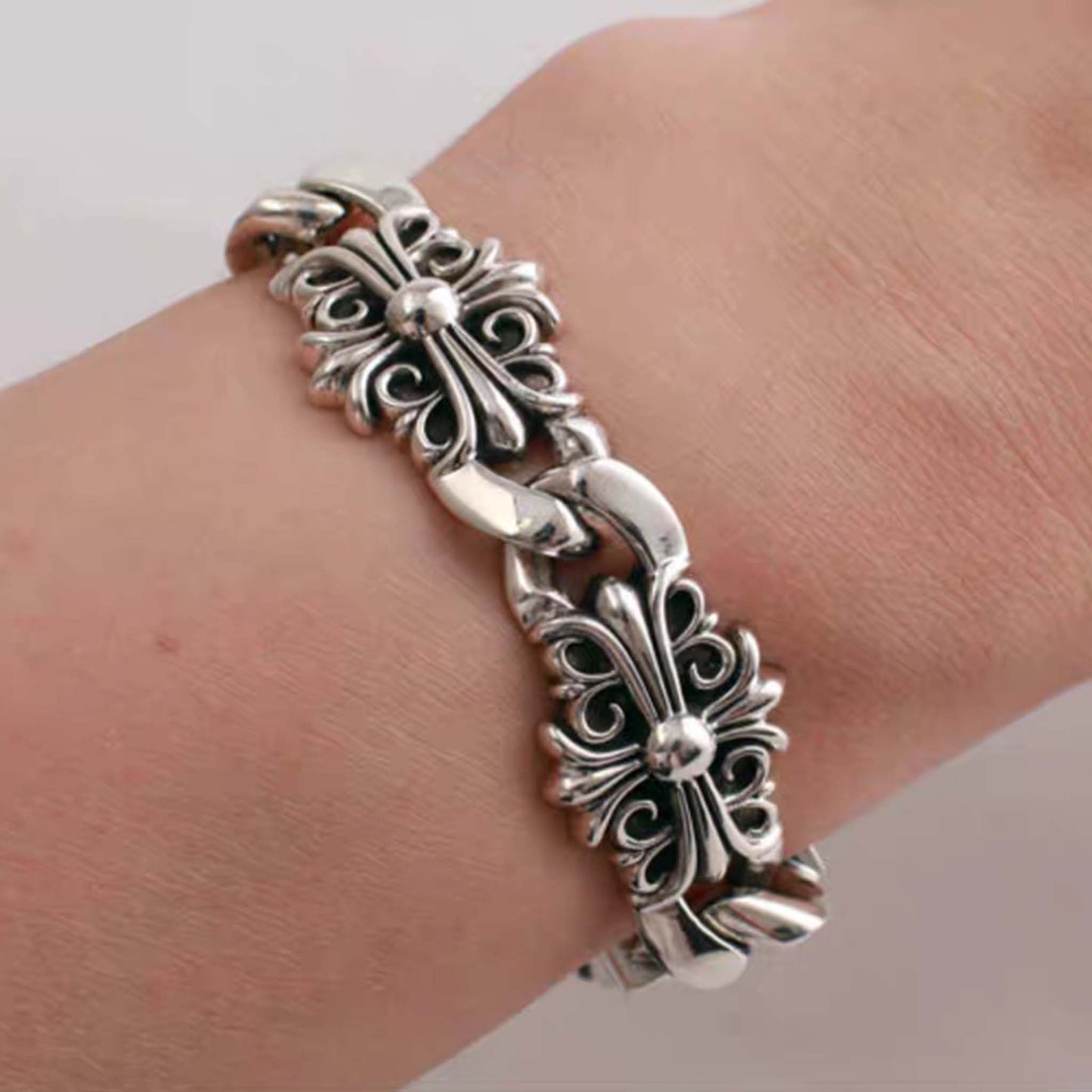 Sterling Silver Gothic Cross Flower Design Bracelet, Silver Punk Statement Bracelets with Big Links