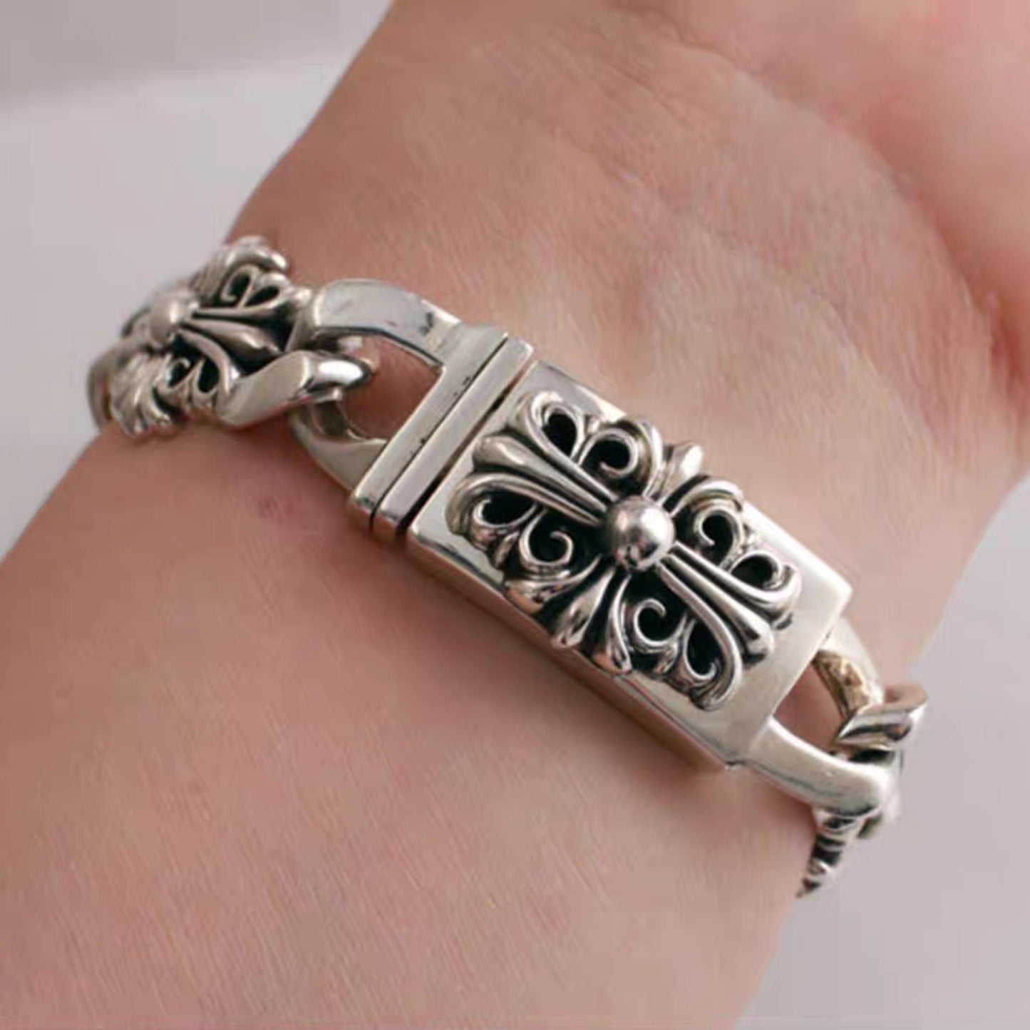 Sterling Silver Gothic Cross Flower Design Bracelet, Silver Punk Statement Bracelets with Big Links