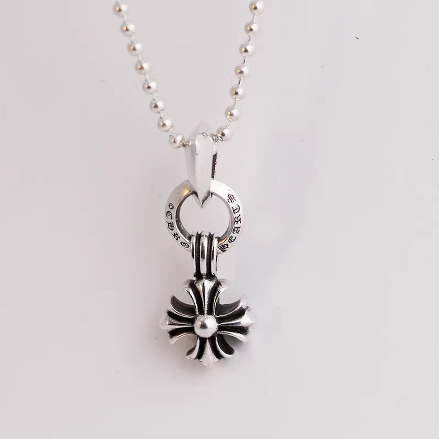 Sterling Silver Necklace Pendant, Silver Gothic Cross Flower Ball Chain Necklace Set