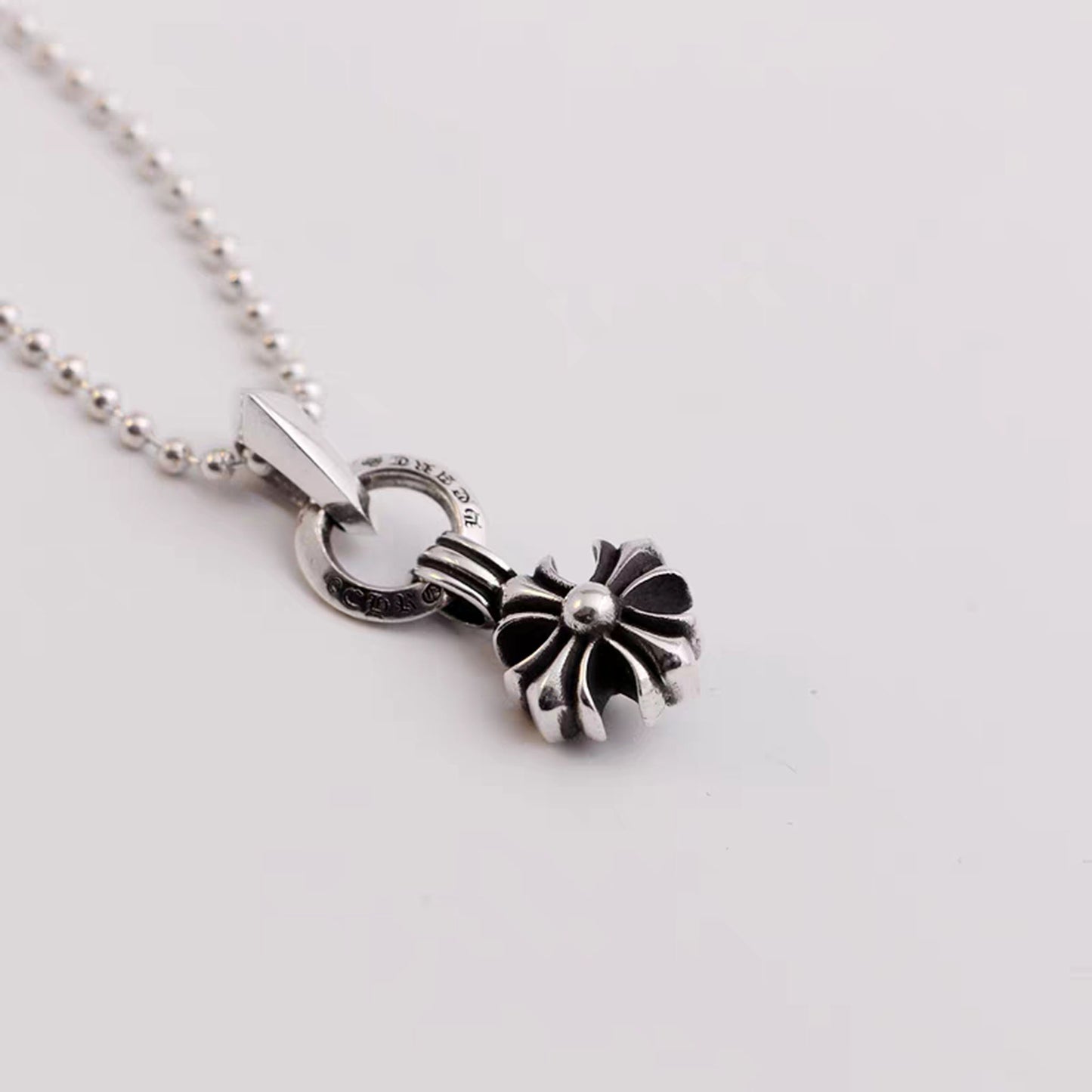 Sterling Silver Necklace Pendant, Silver Gothic Cross Flower Ball Chain Necklace Set