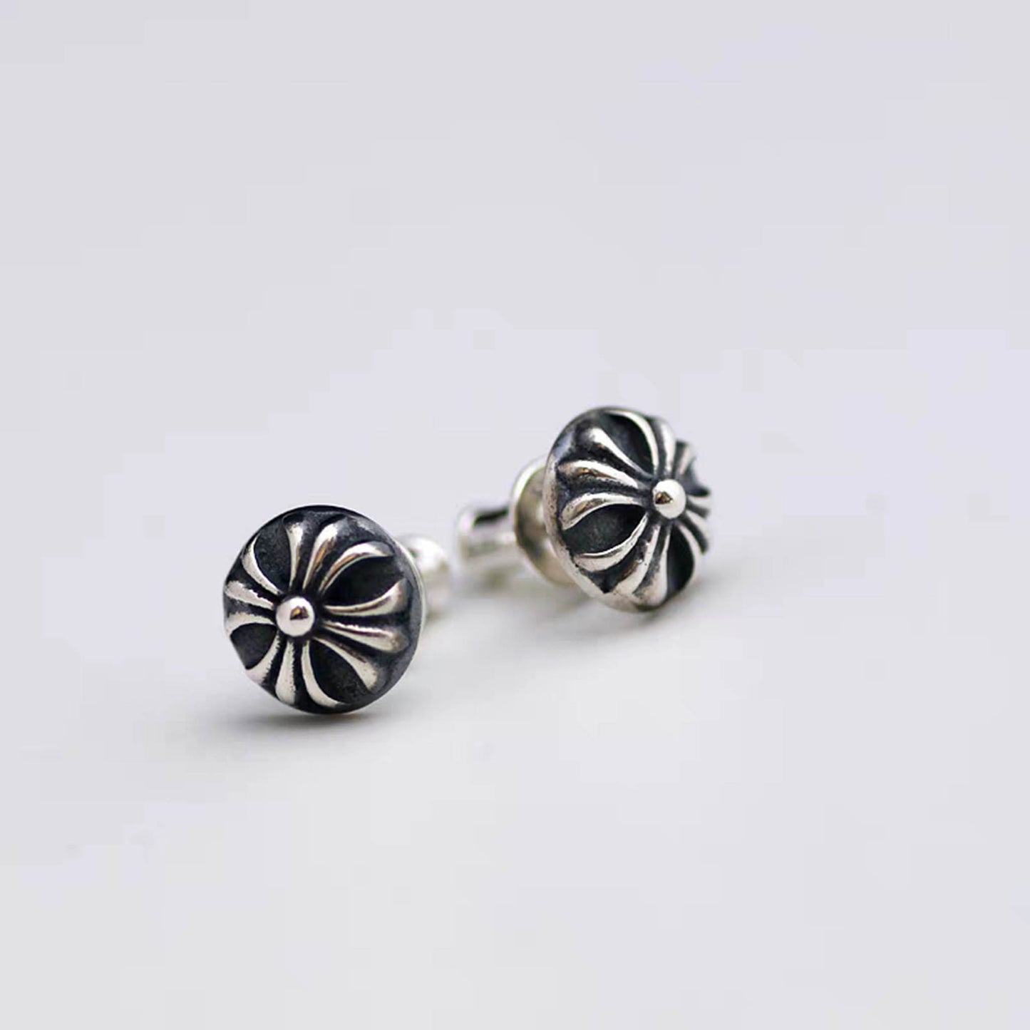 Sterling Silver Earrings, Gothic Cross Flower Earrings, Silver Punk Statement Stud Earring