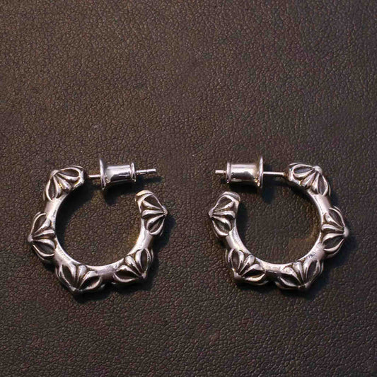 Sterling Silver Hoop Earrings, Gothic Cross Flower Earring, Silver Punk Statement Earrings