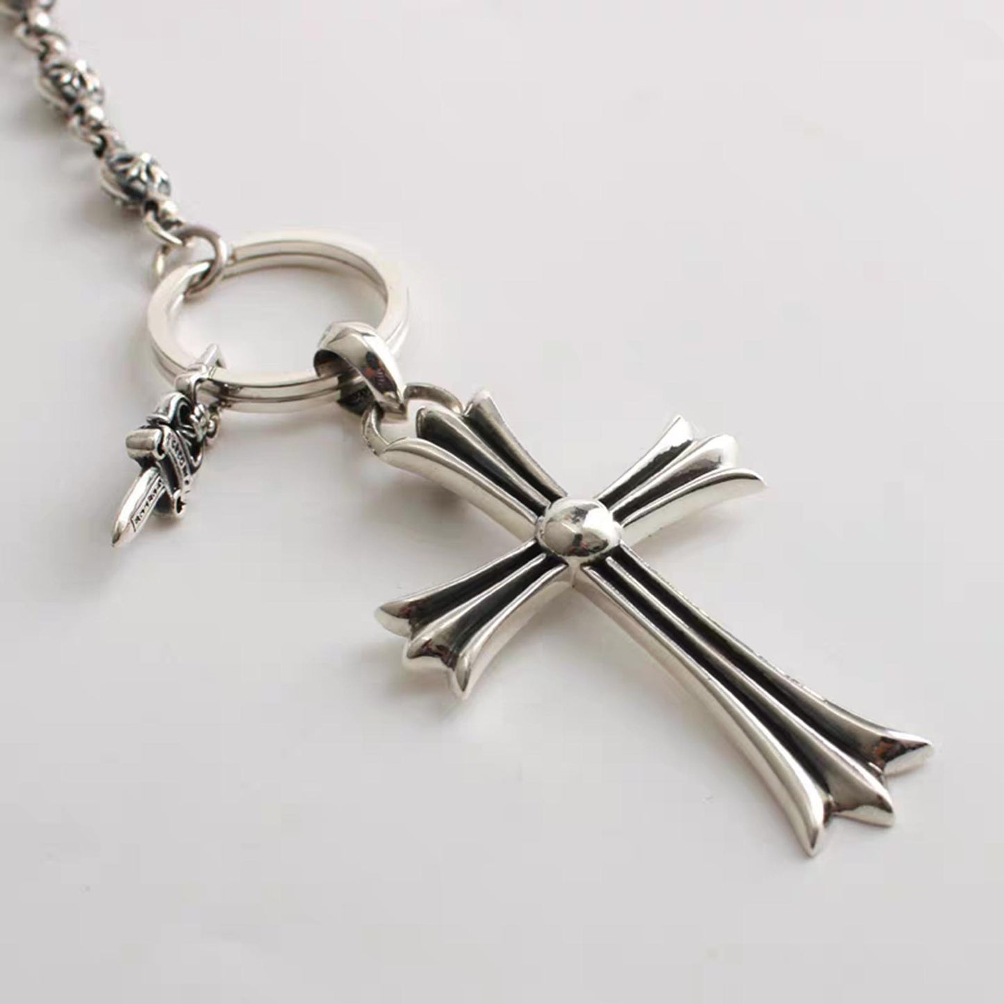 Sterling Silver Gothic Cross Flower Design Pants Chain, Punk Statement Chain for Bags Wallets with Big Cross