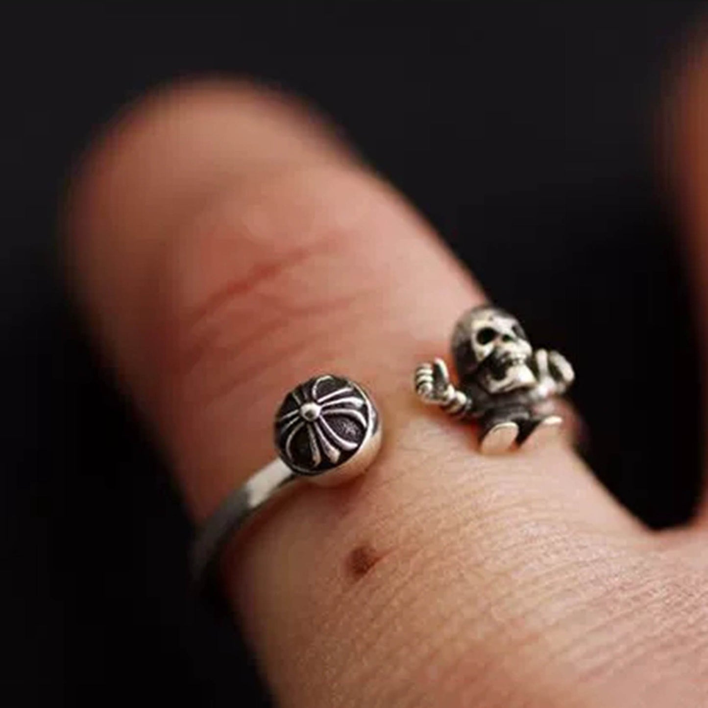 Sterling Silver Statement Rings, Gothic Cross Foti Ring, Punk Silver Skull Pinky Ring