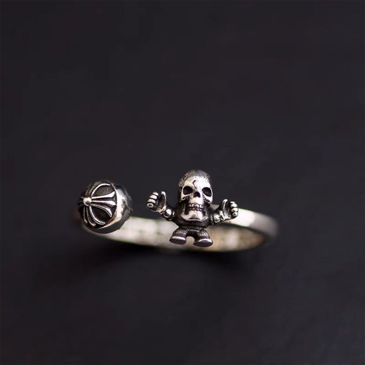 Sterling Silver Statement Rings, Gothic Cross Foti Ring, Punk Silver Skull Pinky Ring