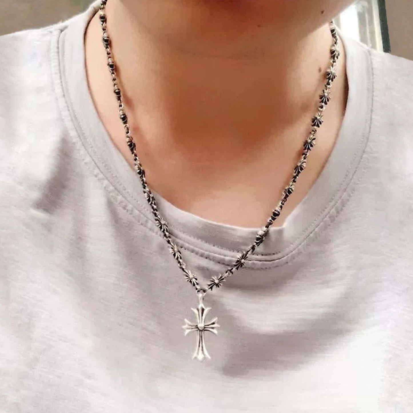 Sterling Silver Cross Necklace, Gothic Cross Flower Chain Necklace, Punk Silver Necklace with Pendant