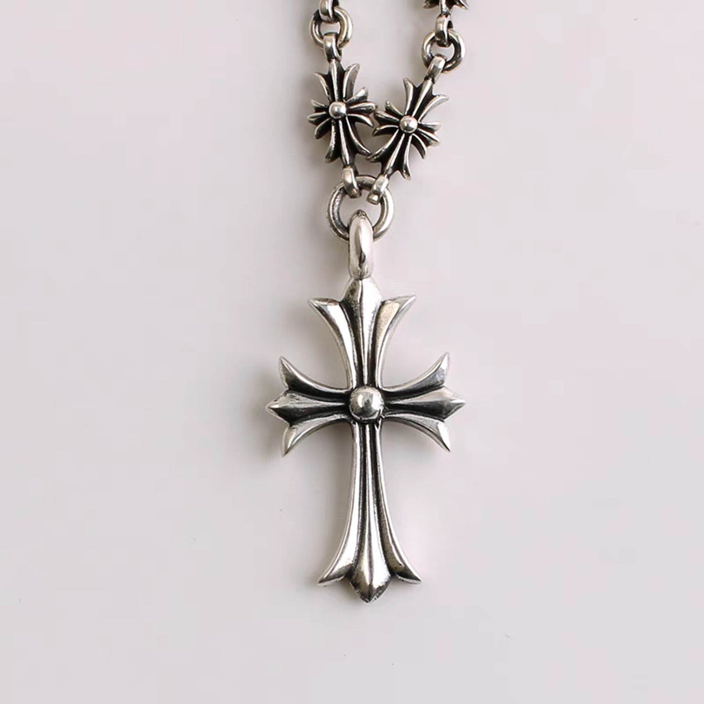 Sterling Silver Cross Necklace, Gothic Cross Flower Chain Necklace, Punk Silver Necklace with Pendant