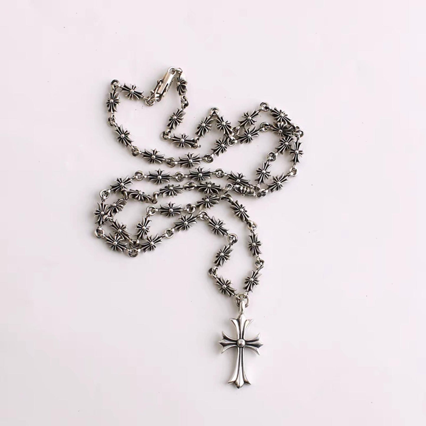 Sterling Silver Cross Necklace, Gothic Cross Flower Chain Necklace, Punk Silver Necklace with Pendant