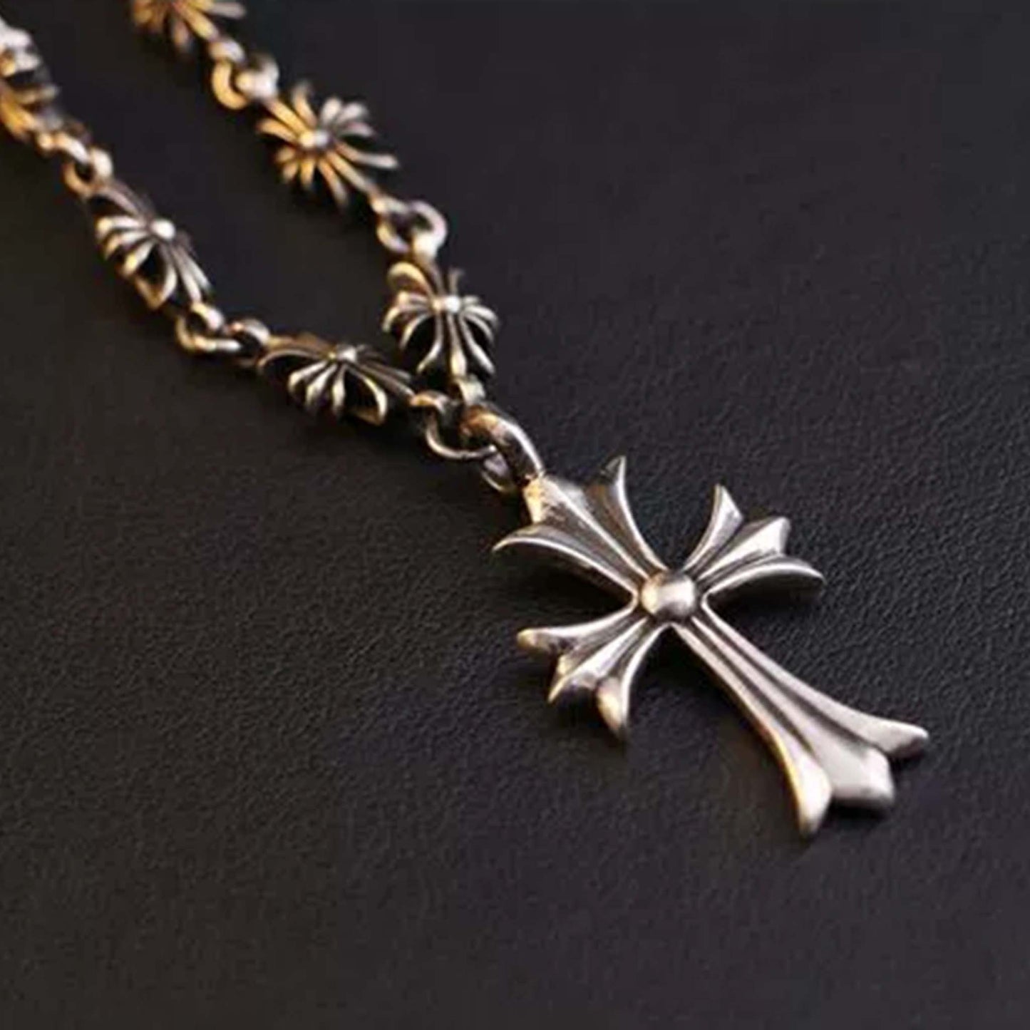 Sterling Silver Cross Necklace, Gothic Cross Flower Chain Necklace, Punk Silver Necklace with Pendant