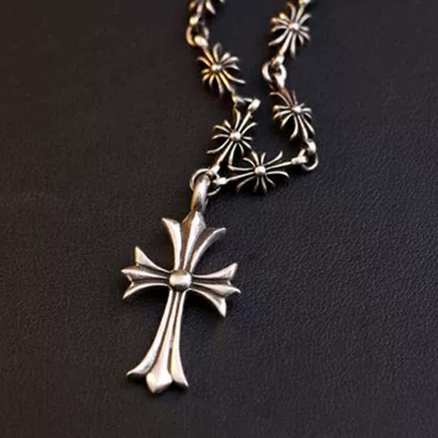 Sterling Silver Cross Necklace, Gothic Cross Flower Chain Necklace, Punk Silver Necklace with Pendant