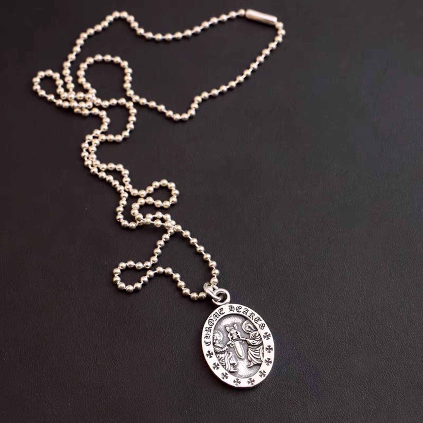 Sterling Silver Oval Pendant Necklace, Silver Holy Dagger & Cross Flower Design Ball Chain Necklace