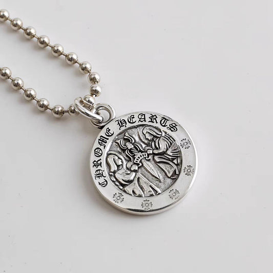 Sterling Silver Round Pendant Necklace, Gothic Holy Dagger & Cross Flower Design Ball Chain Necklace