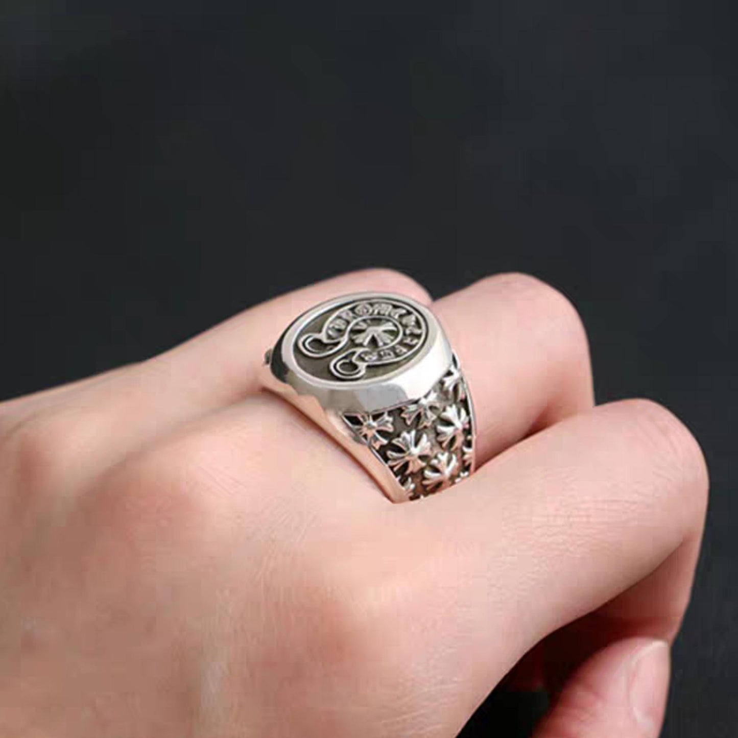 Sterling Silver Gothic Cross Flower Signet Ring, Silver Punk Statement Ring