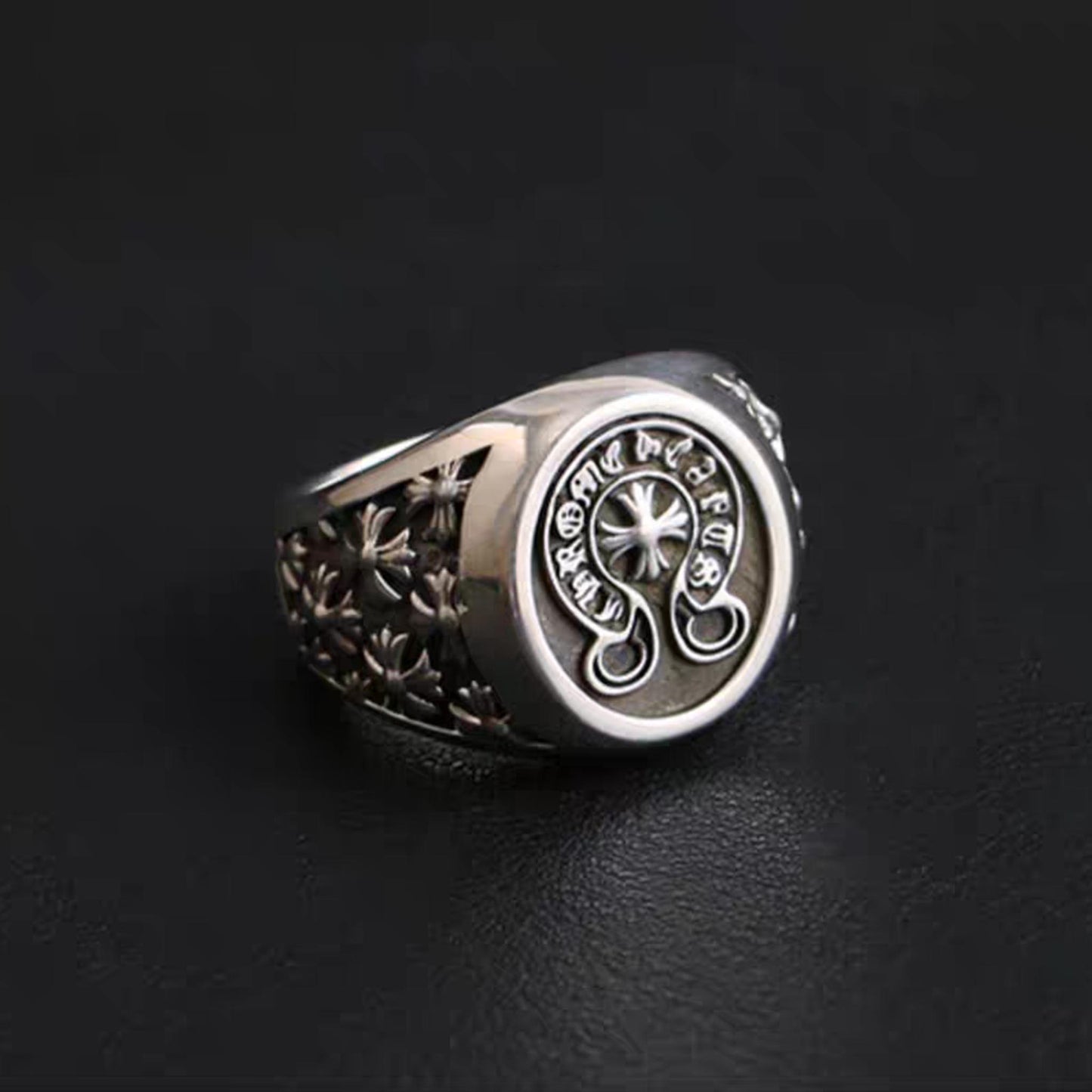 Sterling Silver Gothic Cross Flower Signet Ring, Silver Punk Statement Ring