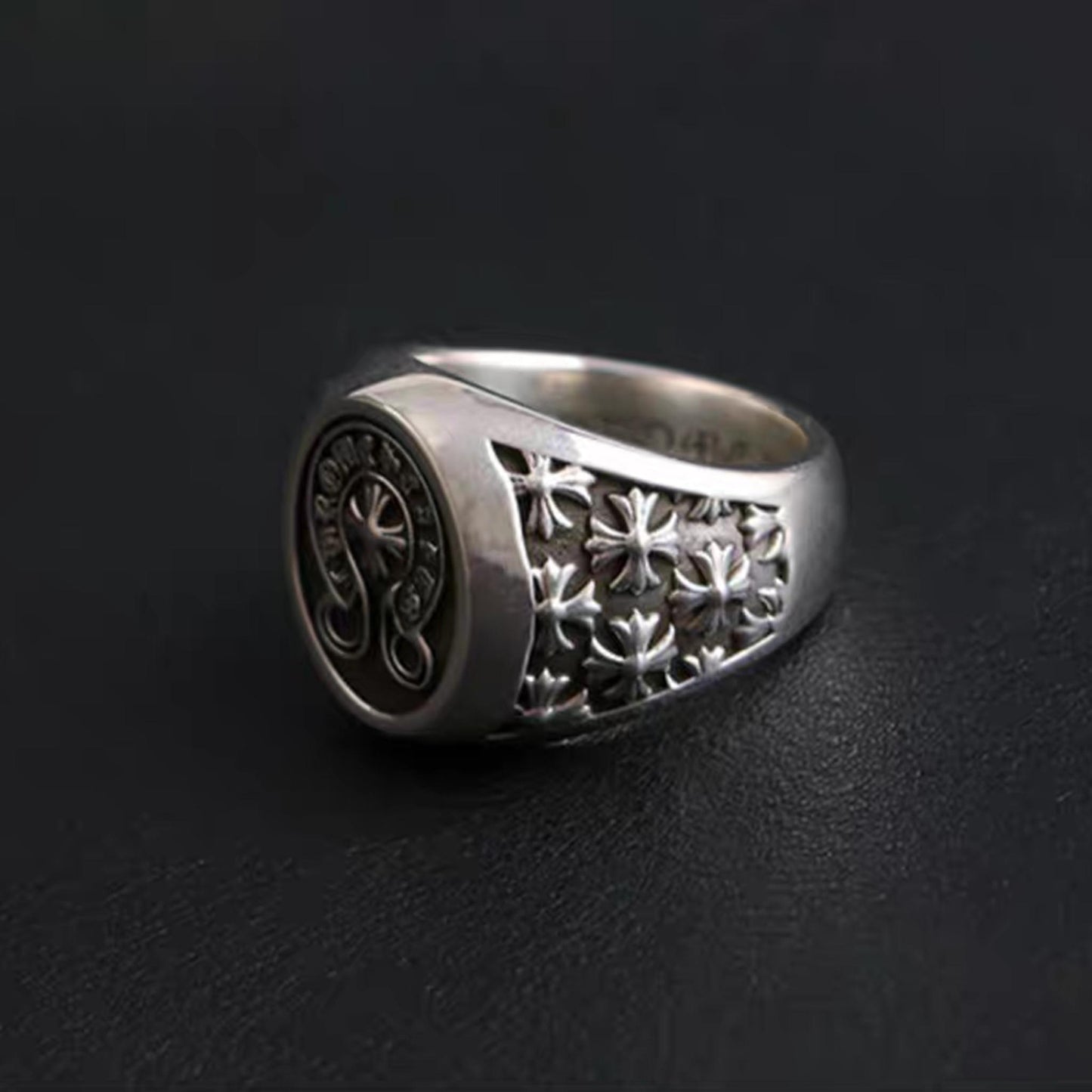 Sterling Silver Gothic Cross Flower Signet Ring, Silver Punk Statement Ring