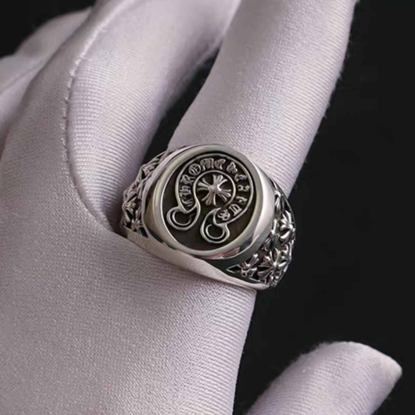 Sterling Silver Gothic Cross Flower Signet Ring, Silver Punk Statement Ring