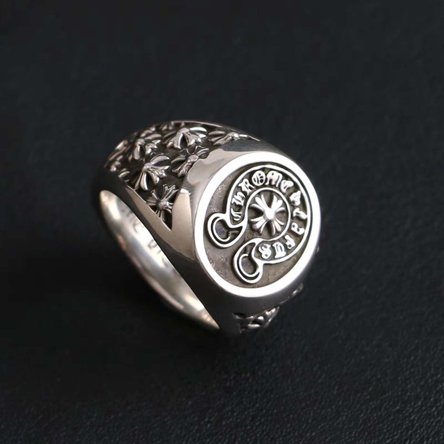 Sterling Silver Gothic Cross Flower Signet Ring, Silver Punk Statement Ring