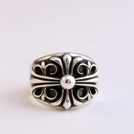 Sterling Silver Statement Ring, Gothic Cross Flower Design Signet Ring, Silver Punk Keeper Rings,