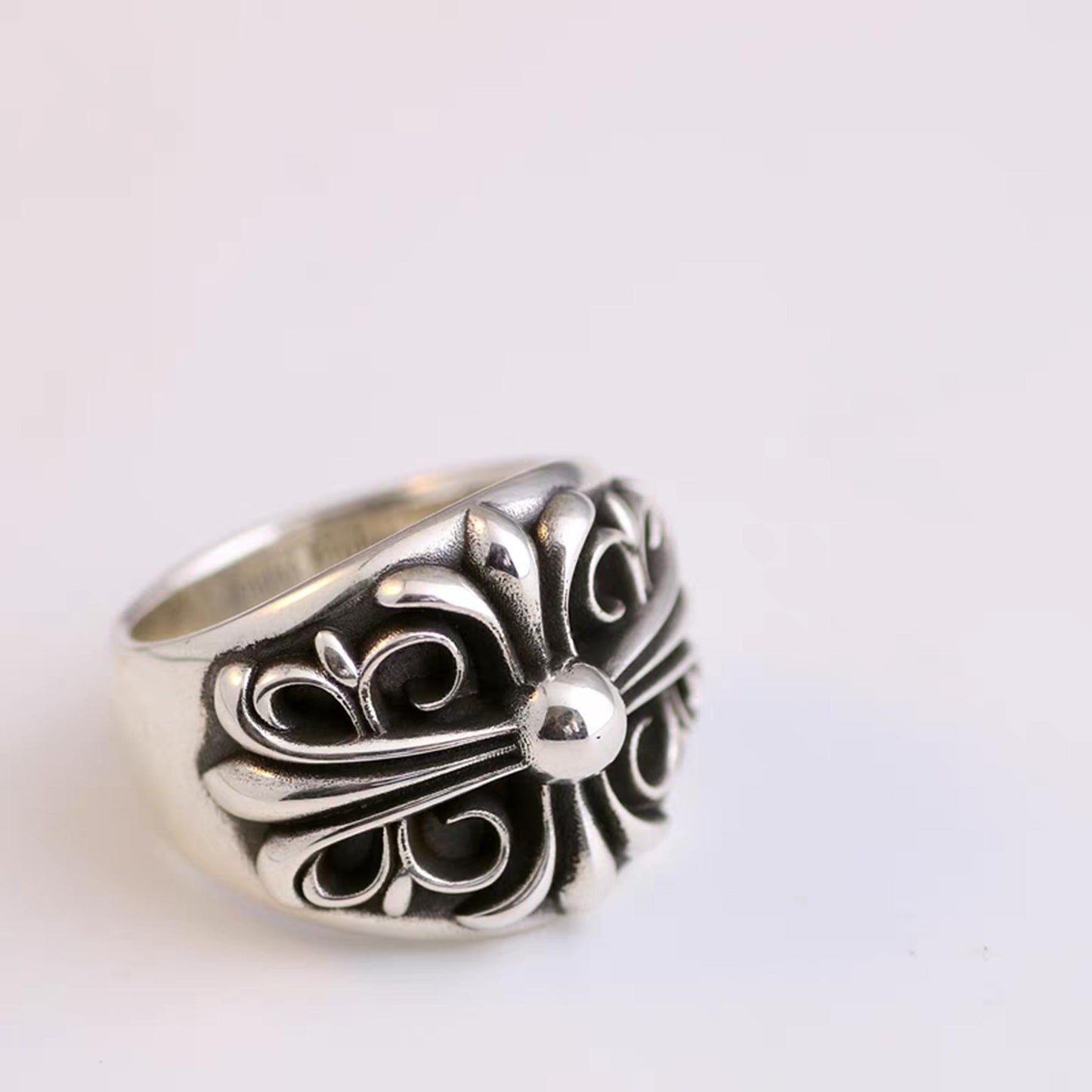 Sterling Silver Statement Ring, Gothic Cross Flower Design Signet Ring, Silver Punk Keeper Rings,