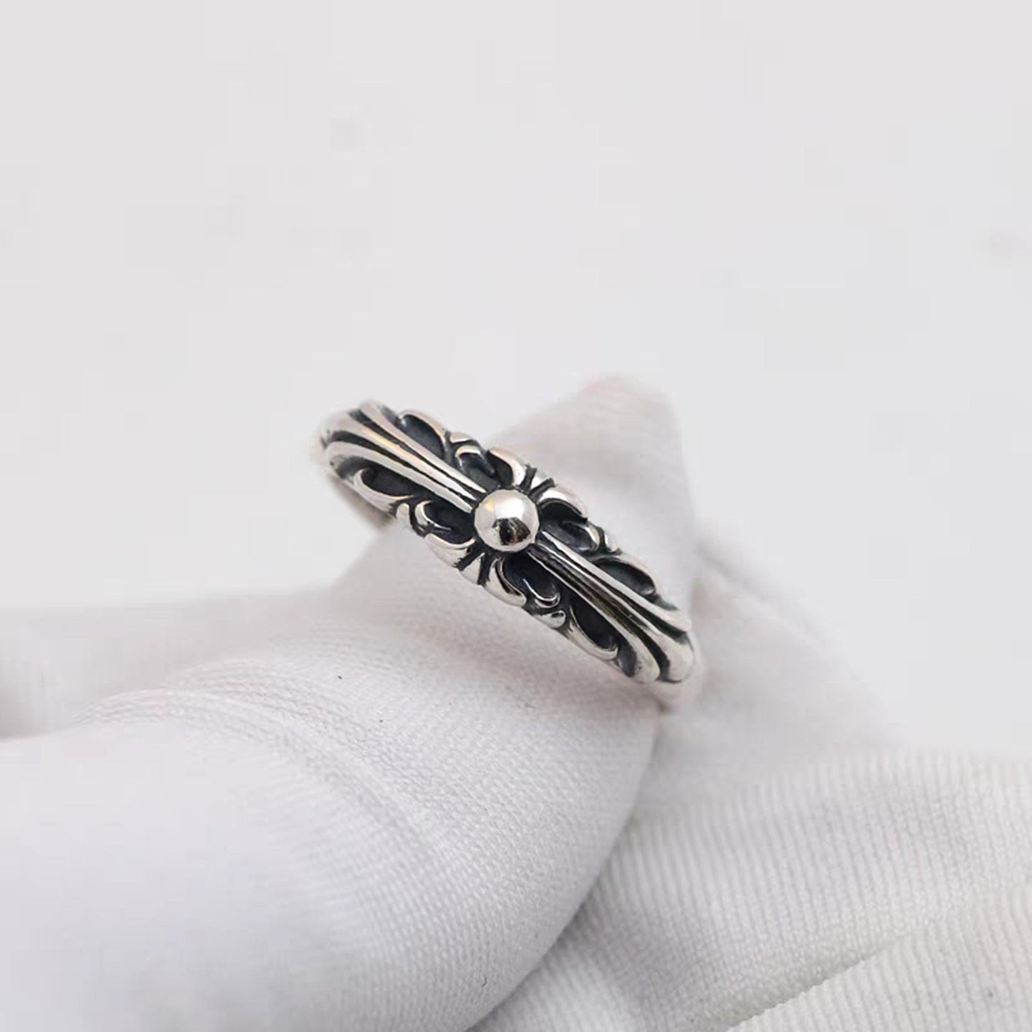 Sterling Silver Gothic Cross Flower Design Ring, Silver Punk Statement Couple Ring, Small Keeper Rings