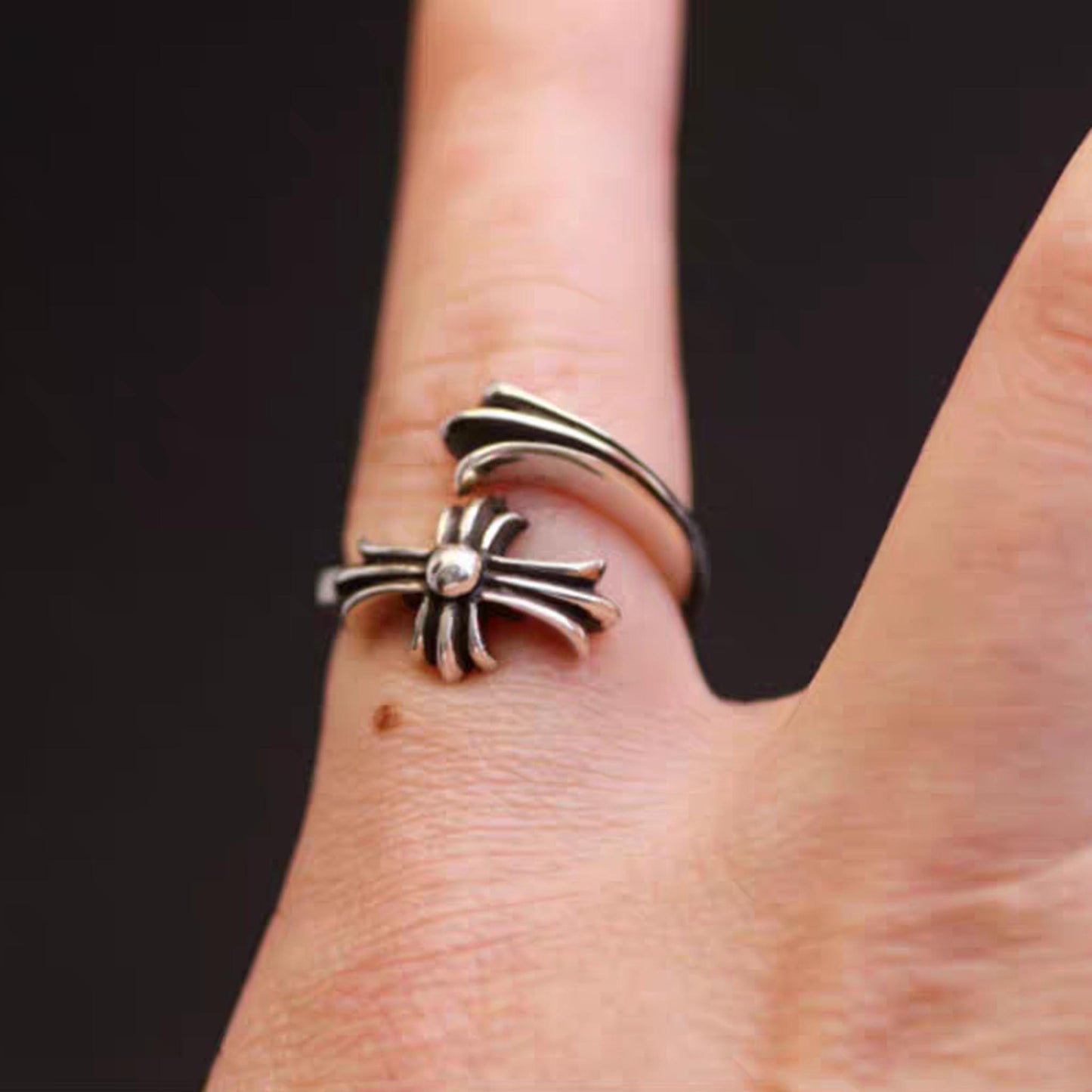 Sterling Silver Statement Ring, Gothic Cross Design Open Ring, Silver Punk Couple Rings