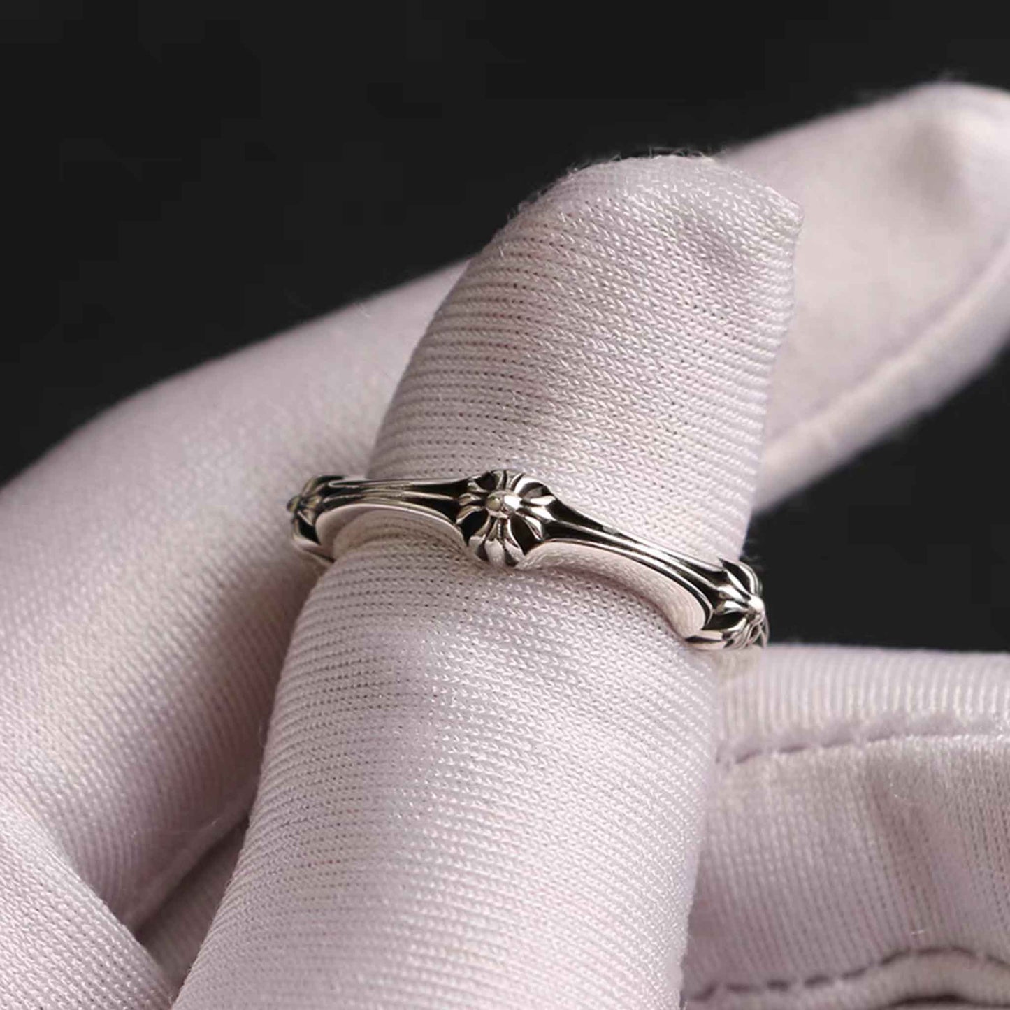 Sterling Silver Gothic Cross Flower Design Ring, Silver Punk Statement Couple Rings