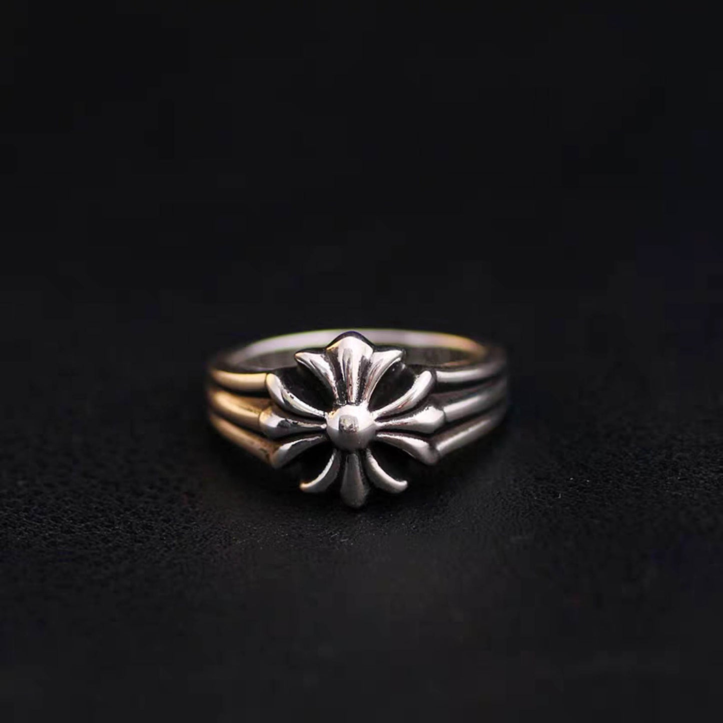 Sterling Silber Gothic Kreuz Blumen Design Ring, Silber Punk Siegelring