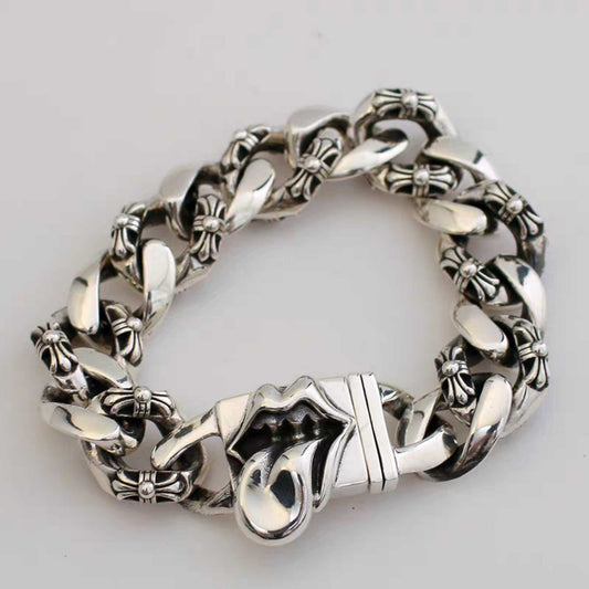 Sterling Silver Cuban Link Bracelet, Gothic Tongue & Cross Flower Design Silver Bracelets, Punk Chunky Chain Bracelet