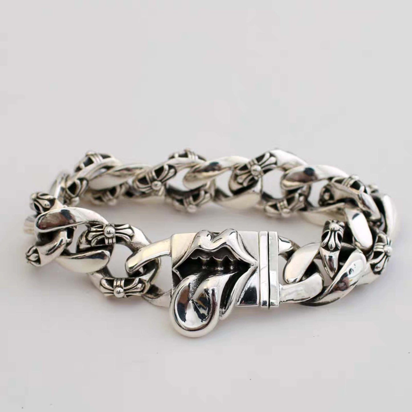 Sterling Silver Cuban Link Bracelet, Gothic Tongue & Cross Flower Design Silver Bracelets, Punk Chunky Chain Bracelet