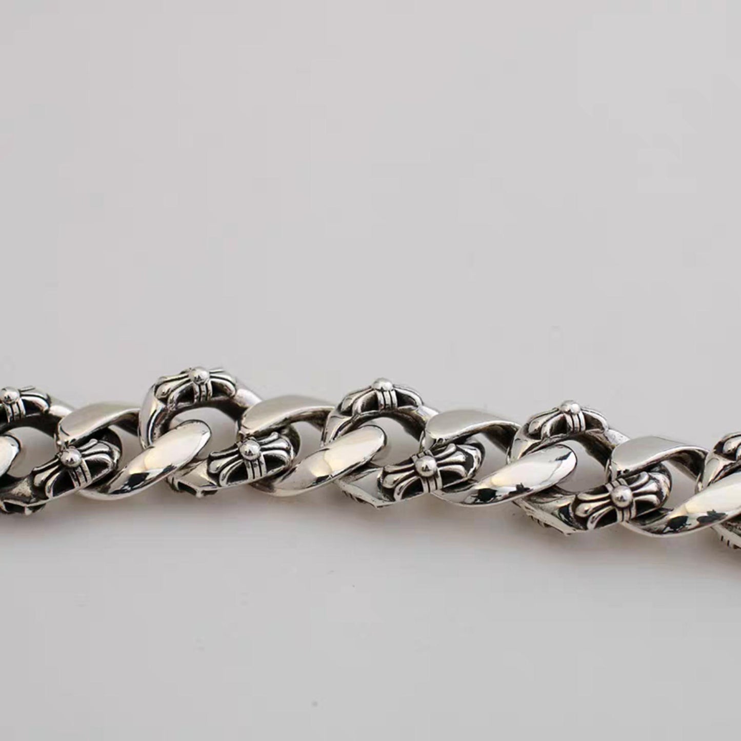 Sterling Silver Cuban Link Bracelet, Gothic Tongue & Cross Flower Design Silver Bracelets, Punk Chunky Chain Bracelet