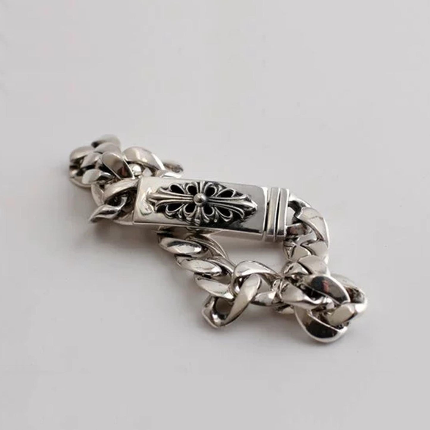 Sterling Silver Cuban Link Bracelet, Gothic Cross Dagger Design Silver Bracelets