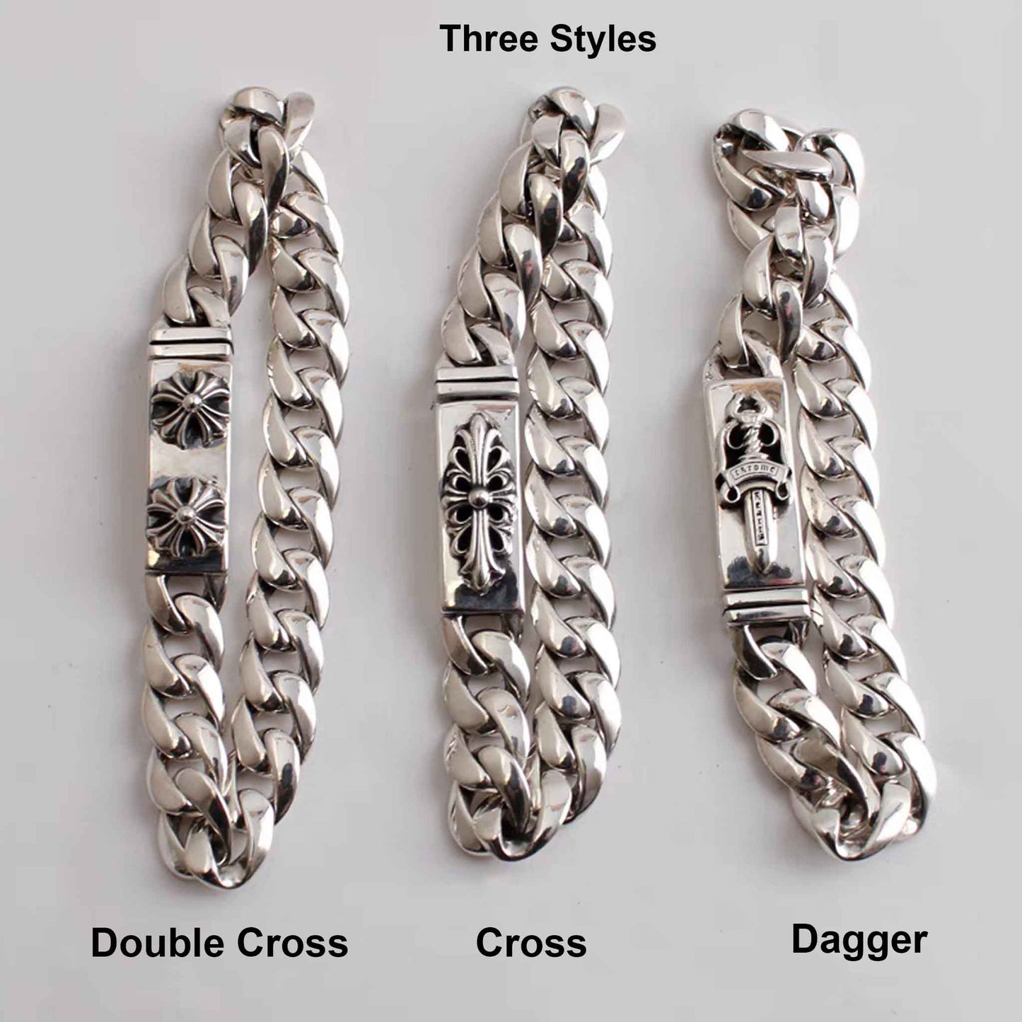 Sterling Silver Cuban Link Bracelet, Gothic Cross Dagger Design Silver Bracelets