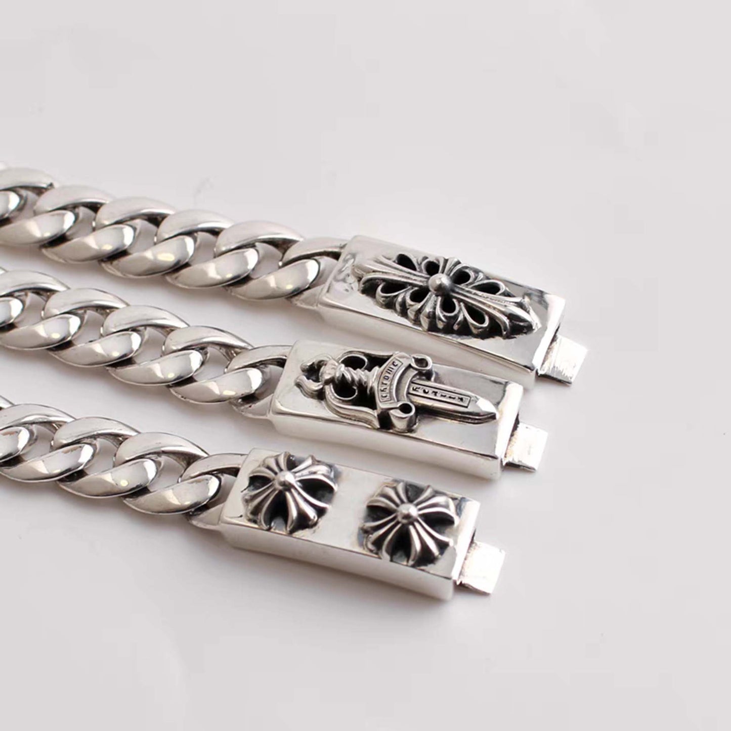 Sterling Silver Cuban Link Bracelet, Gothic Cross Dagger Design Silver Bracelets