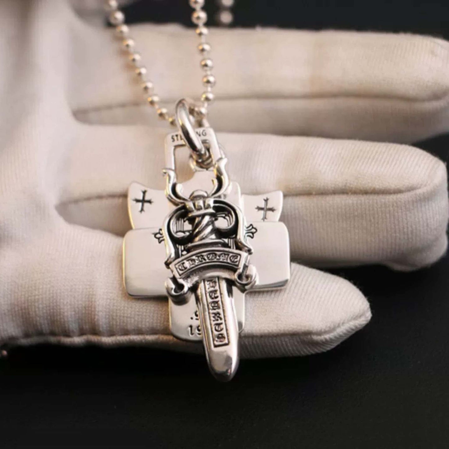 Sterling Silver Necklace Pendant, Gothic Dagger Pendant, Three-In-One Pendant Ball Chain Necklace