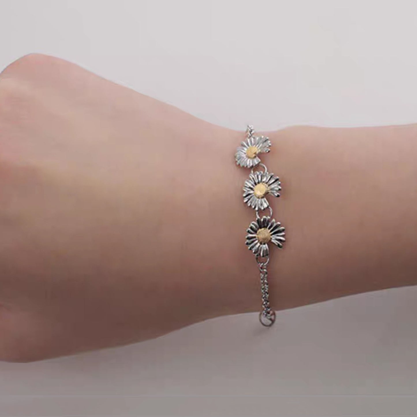 Sterling Silver Daisy Design Chain Bracelet, Silver Punk Statement Bracelets