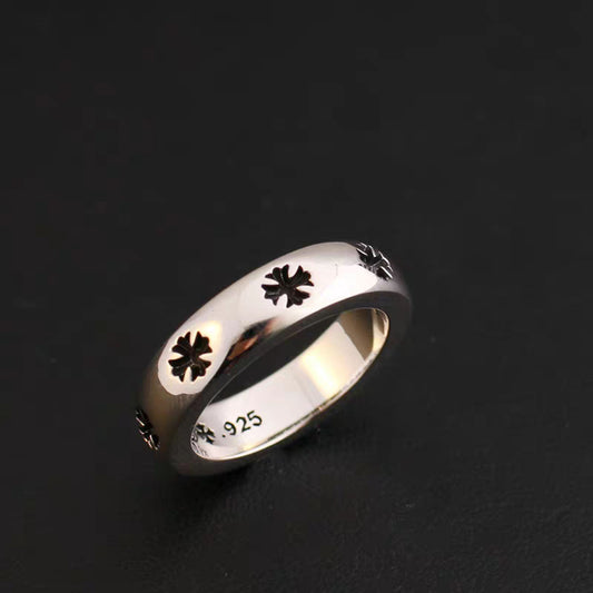 Sterling Silver Couple Rings, Gothic Cross Flower Ring, Engraved Cross Relationship Rings, Romantic Gift for Him/Her