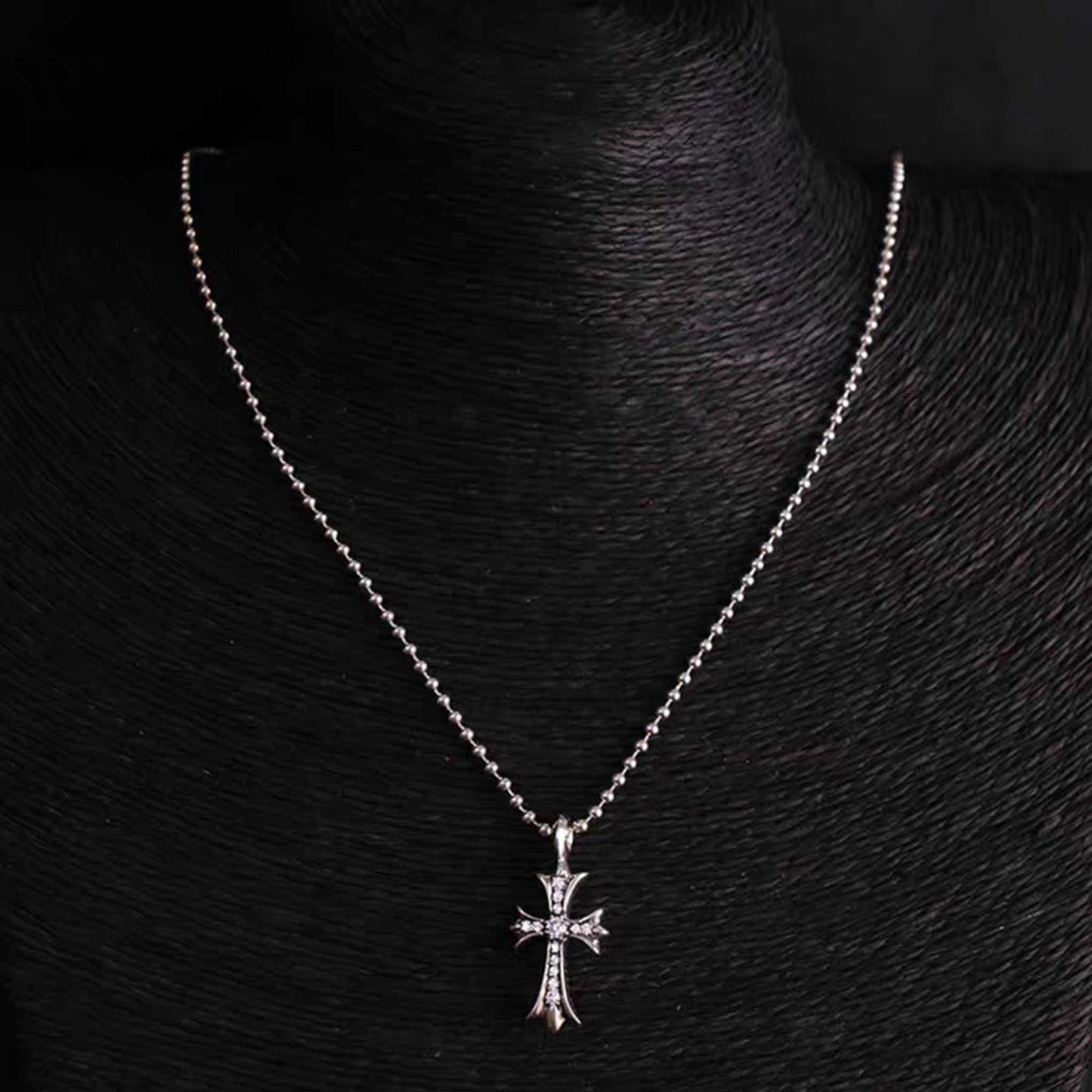 Sterling Silver Cross Pendant Necklace, Gems Inlaid Cross Chain Necklace, Silver Gothic Ball Chain Necklace