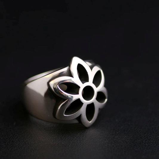 925 Silver Cherry Blossoms Shape Ring, Good Art GA Punk Statement Ring for Couples